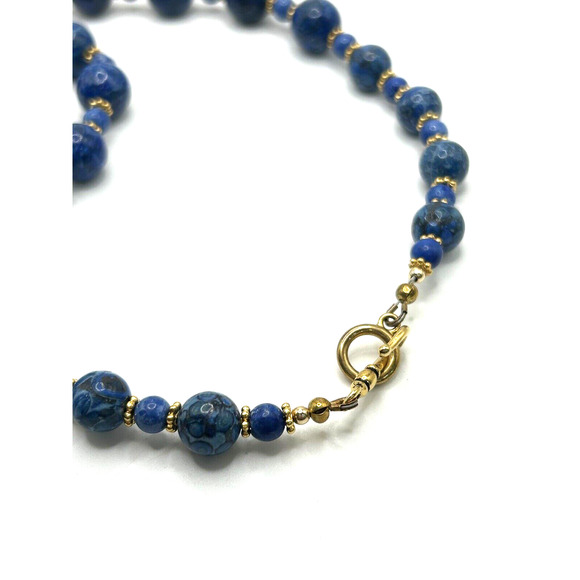 Vintage Art Deco Glass Balls Blue Gold Swirly Bead Necklace Hook Closure - Picture 4 of 8